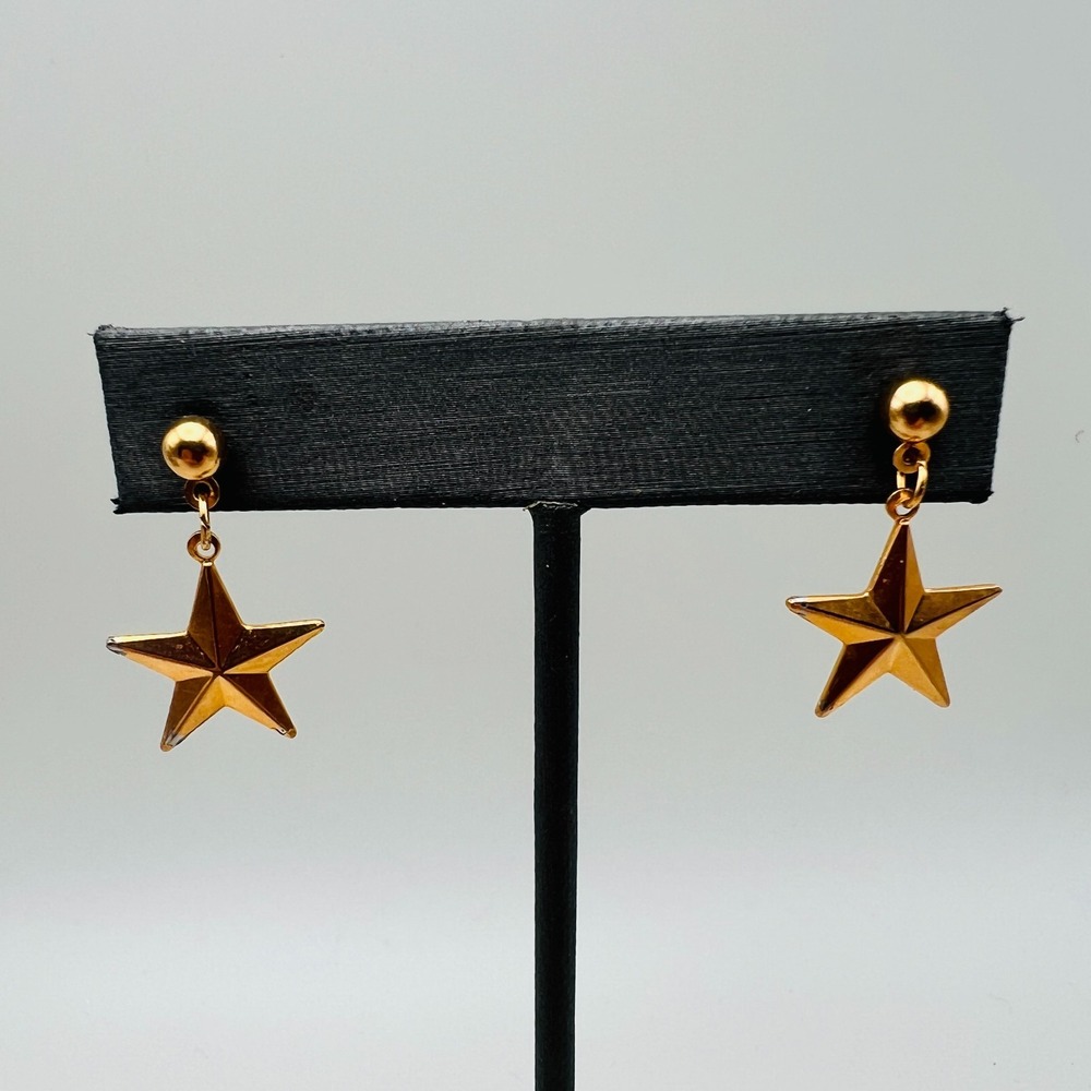 Gold Tone Star Dangle Earrings Pierced Drop Retro Glam Statement USA Made